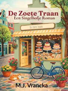 Cover van De Zoete Traan, een Singelhofje Roman door M.J. Vrancka: een groen patisseriepandje met taarten in de etalage, een blauwe fiets en rode kat Guus op de stoep