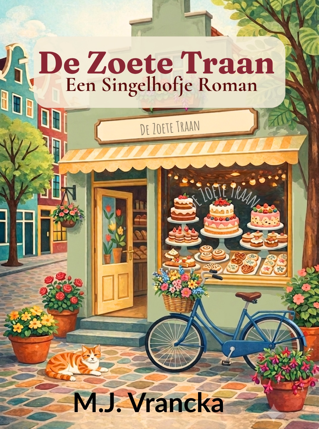 Cover van De Zoete Traan, een Singelhofje Roman door M.J. Vrancka: een groen patisseriepandje met taarten in de etalage, een blauwe fiets en rode kat Guus op de stoep